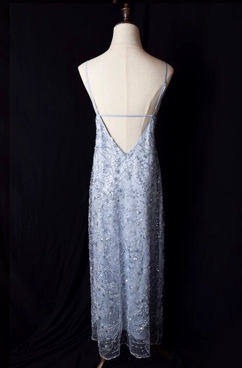 Light Blue Sequin Evening Gown - Spaghetti Strap Glitter Dress - Light Blue Embellished Gown Plus Size